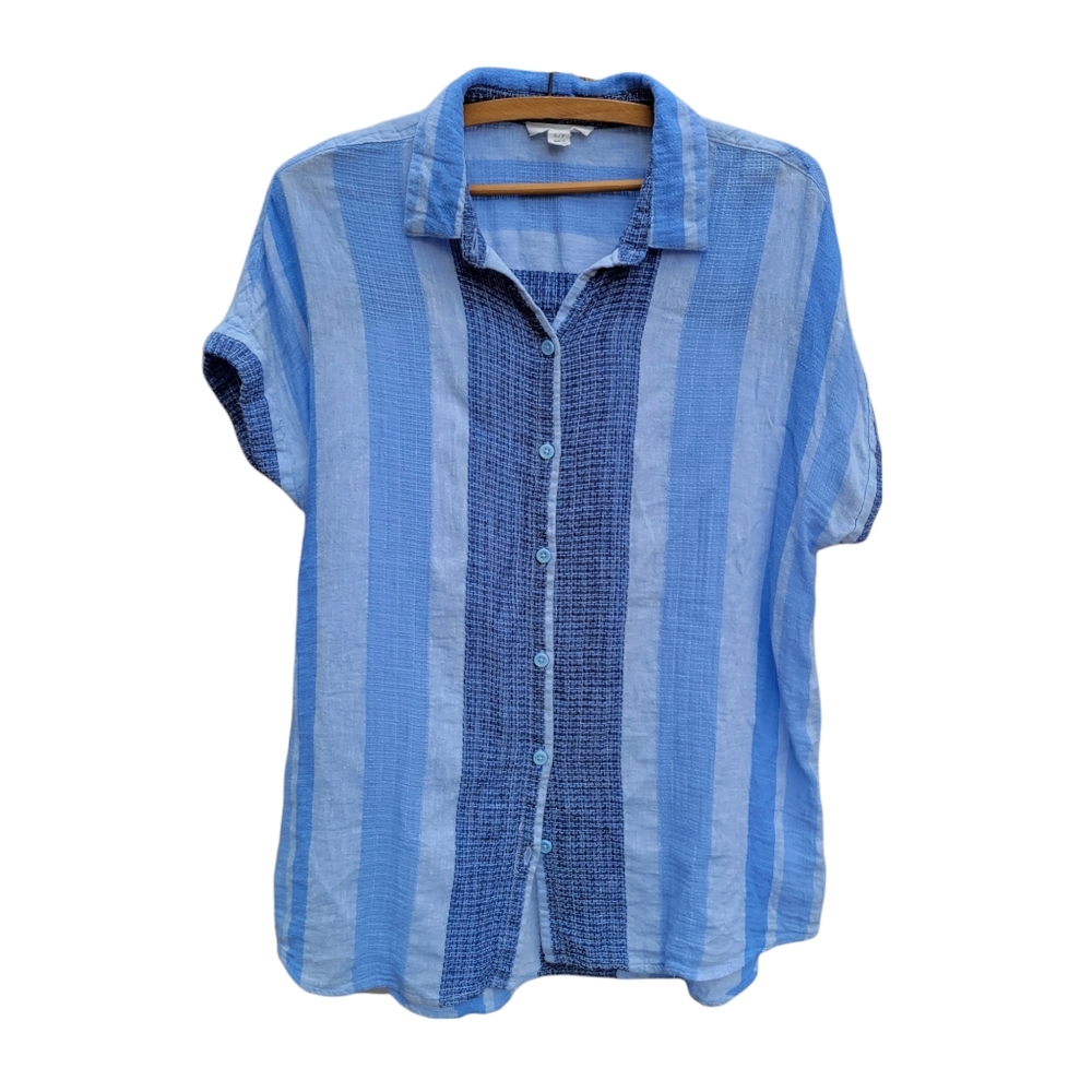 Beach Lunch Lounge Shades of Blue Linen Cotton Blend Buttondown Top Size Small